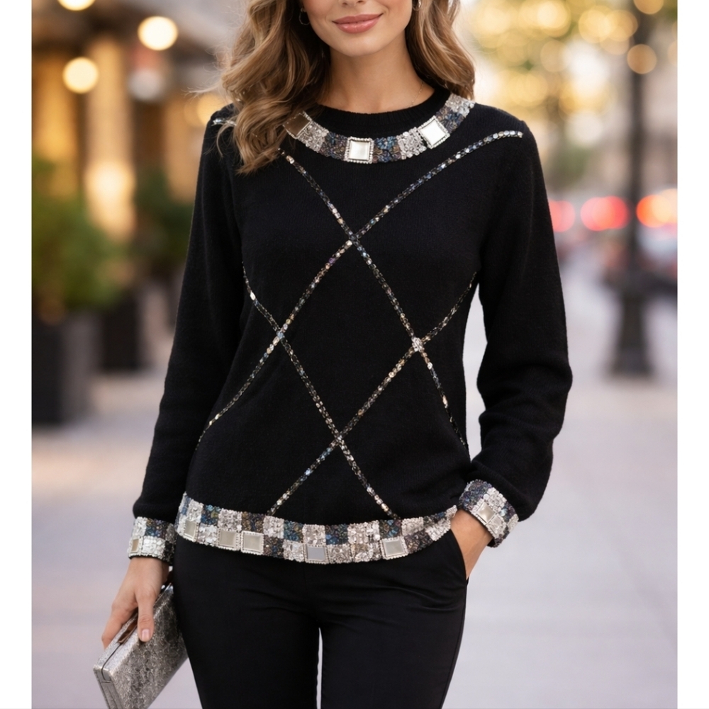 Exquisite Vintage Kobe Embellished Beaded, Sequins, Rhinestone Black Sweater